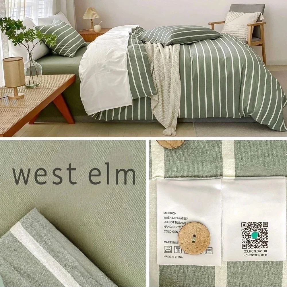 NEW West Elm Boho Green Stripe Queen / King Cotton Linen Bedding Duvet Sham Set
